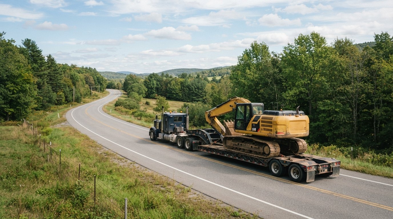 Heavy agricultural equipment on a lowboy trailer